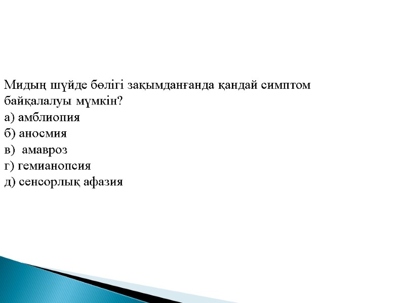 Мидың шүйде бөлігі зақымданғанда қандай симптом байқалалуы мүмкін? а) амблиопия б) аносмия в) 